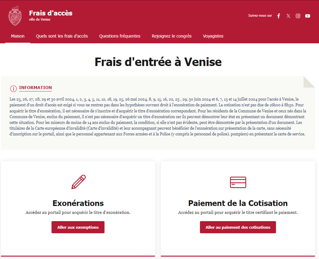 Copie écran du site de la mairie de Venise pour payer sa contribution d'accès