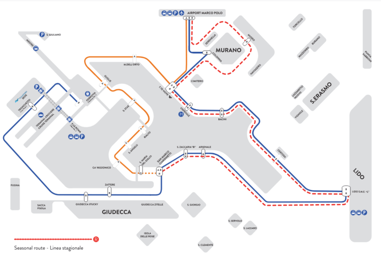 Plan des lignes de Vaporetto depuis l'aéroport de Venise, ligne Bleue, Orange et Rouge