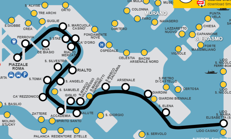 Plan de la ligne 1, vaporetto à Venise