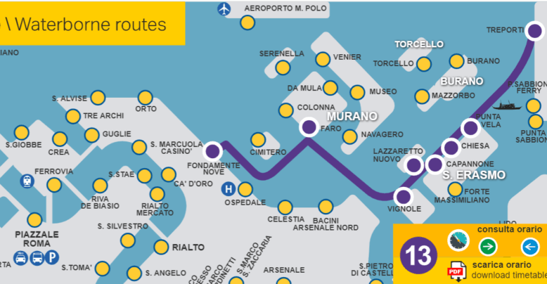 Plan de la ligne 13 Vaporetto à Venise