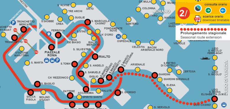 Plan de la ligne 2 Vaporetto à Venise