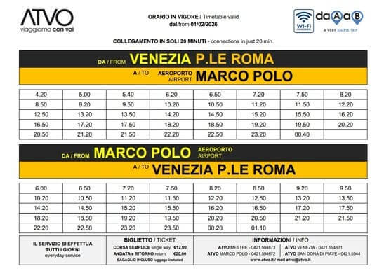 Horaires des navettes bus pour aller de l'aéroport au centre-ville de Venise